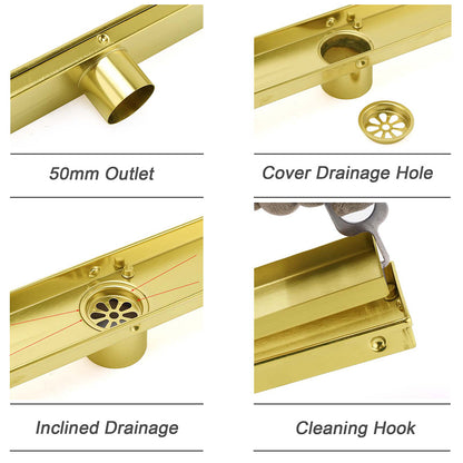 Brushed Gold 600mm Tile Insert Linear Shower Grate Floor Drain 50mm Outlet Waste