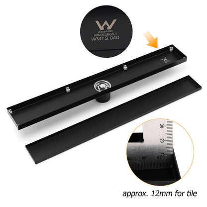 Matt Black 600mm Tile Insert Linear Shower Grate Floor Drain 50mm Waste Outlet