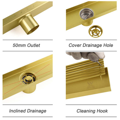 Brushed Gold Bathroom 800mm Strip Fence Long Shower Grate Floor Drain 50mm Waste