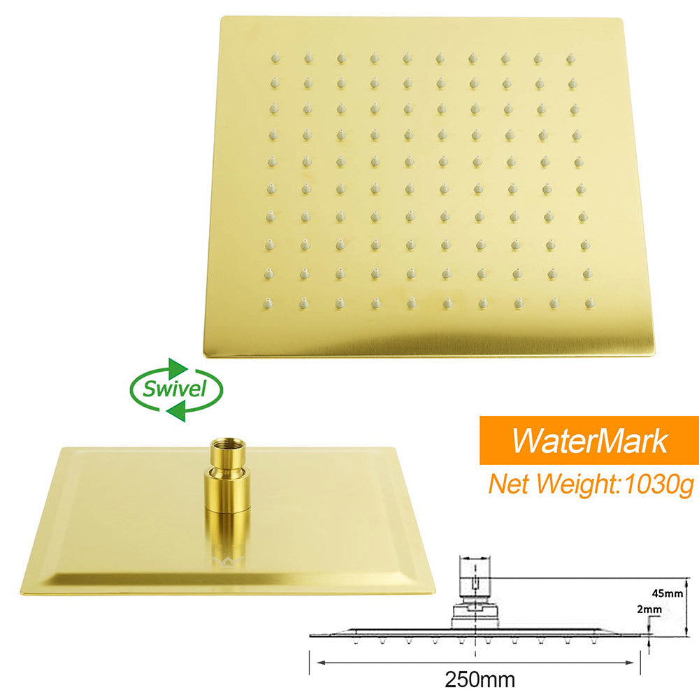 WELS Brushed Gold 10" Square Thin Rain Shower Head 400mm Straight Wall Arm Set