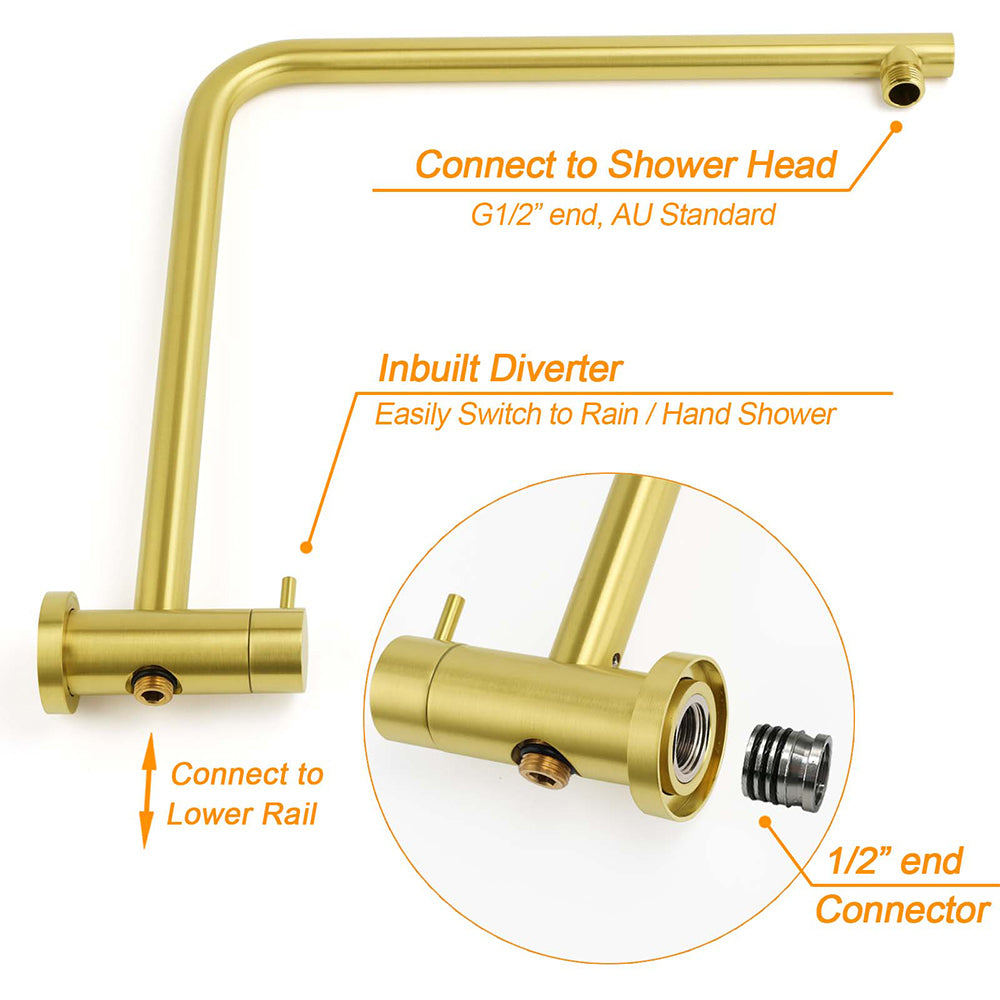 WELS Brushed Gold Twin Shower Large Round 12" Rain Head Handheld Silde Wall Rail Arm Stylish Mixer