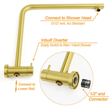 WELS Brushed Gold Twin Shower Large Round 12" Rain Head Handheld Silde Wall Rail Arm Stylish Mixer