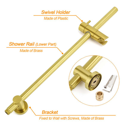 WELS Brushed Gold Twin Shower Large Round 12" Rain Head Handheld Silde Wall Rail Arm Stylish Mixer