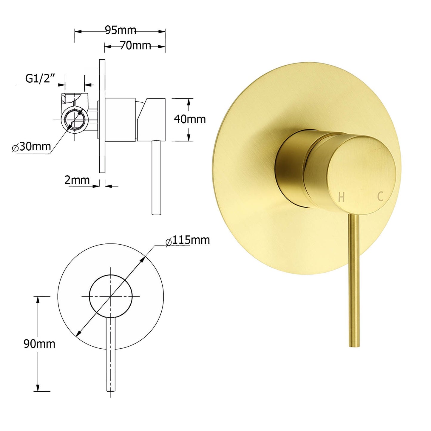 WELS Brushed Gold Twin Shower Large Round 12" Rain Head Handheld Silde Wall Rail Arm Mixer