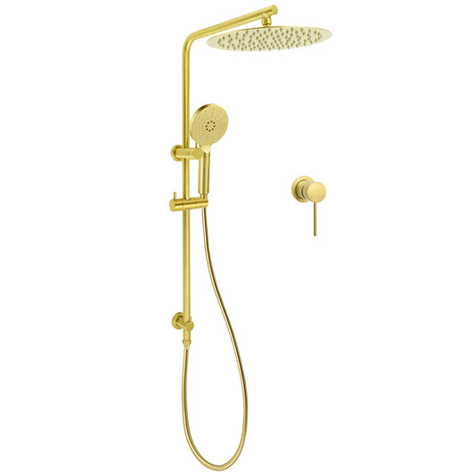 Brushed Gold Twin Shower Large Round 12" Rain Head Handheld Silde Wall Rail Arm Small Face Mixer