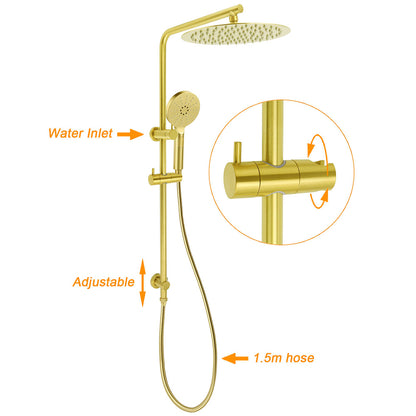 Brushed Gold Twin Shower Large Round 12" Rain Head Handheld Silde Wall Rail Arm Small Face Mixer