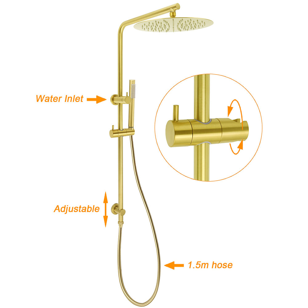 WELS Brushed Gold 2in1 Shower Large Round 12" Rain Head Handheld Silde Wall Rail Arm