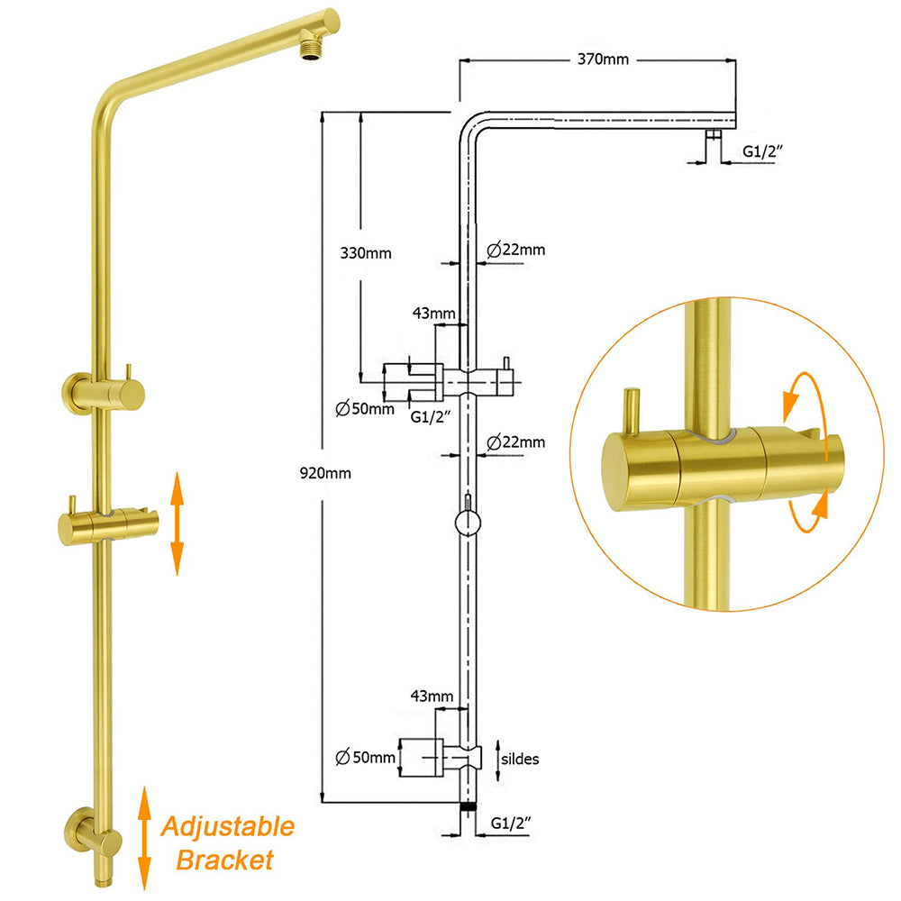 WELS Brushed Gold 2in1 Shower Large Round 12" Rain Head Handheld Silde Wall Rail Arm
