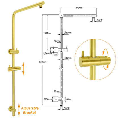 Brushed Gold Twin Shower Large Round 12" Rain Head Metal Rose Silde Wall Rail Arm Mixer Valve