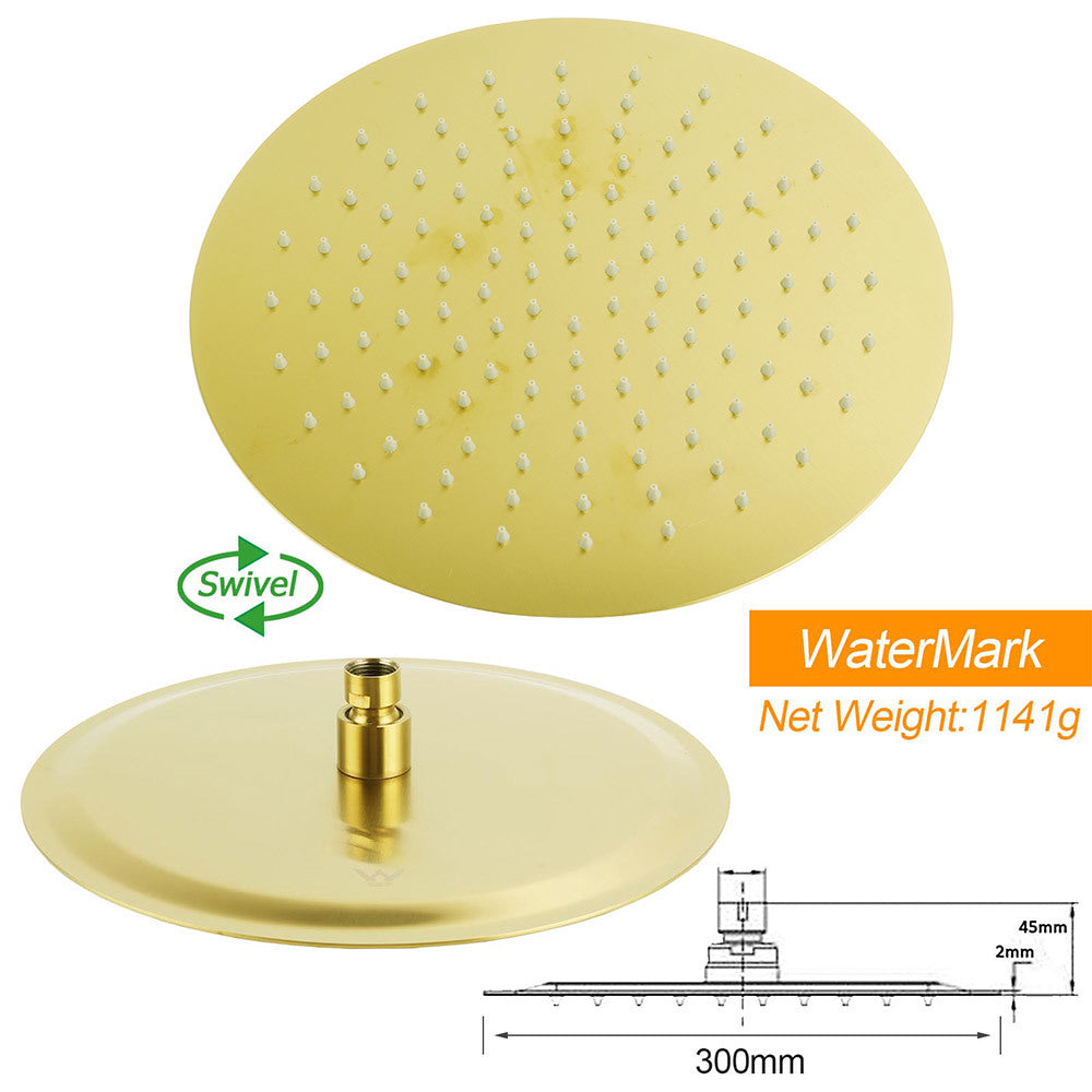 WELS Brushed Gold Twin Shower Large Round 12" Rain Head Metal Handheld Silde Wall Rail New Luxury Mixer