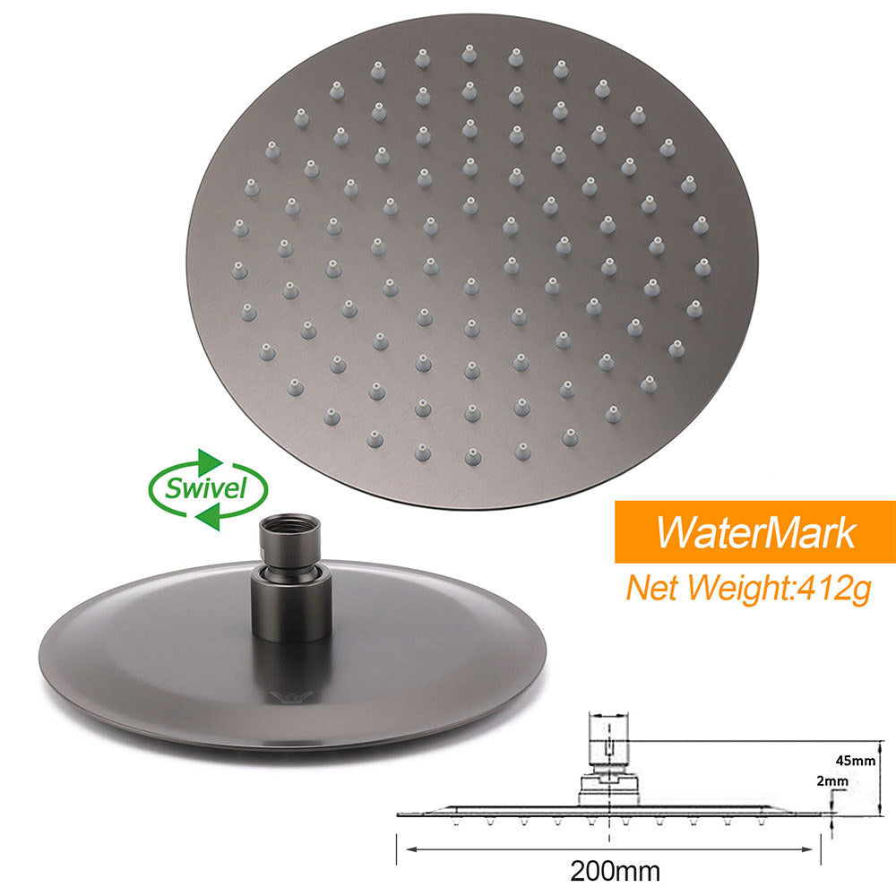 Gun Metal Round 8" Rainfall Shower Head + High Rise Gooseneck Wall Arm Bath Set