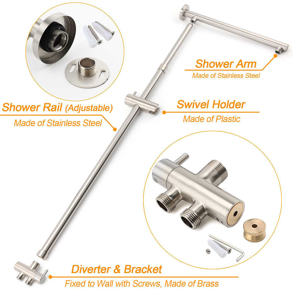 Brushed Nickel 2in1 Round 8" Stainless Steel Rain Head Shower Handheld Sliding Rail Arm Set