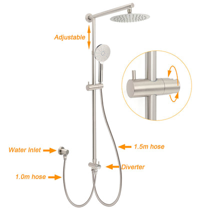 Brushed Nickel 8" Thin Rain Head Twin Shower Handheld Sliding Rail Arm Set With Mixer