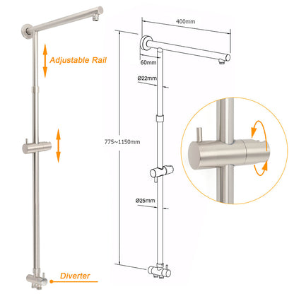 WELS Brushed Nickel 12" Rain Head Shower Square 3 Modes Handheld Sliding Rail Arm Mixer Dual Set