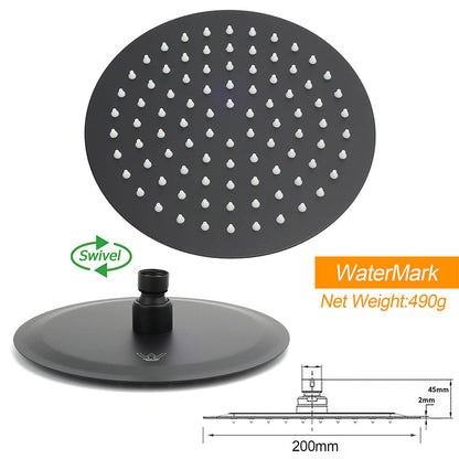 WELS Matt Black Twin Shower 8" Round Rain Head Set Sliding Rail Single Mode Handheld + Mixer