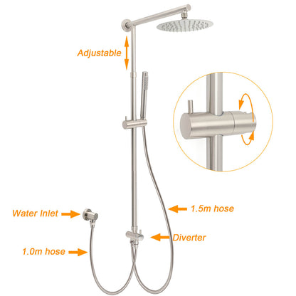 Brushed Nickel Round 8" Rain Head Shower 1 Mode Handheld Sliding Rail Arm Mixer 2in1 Set