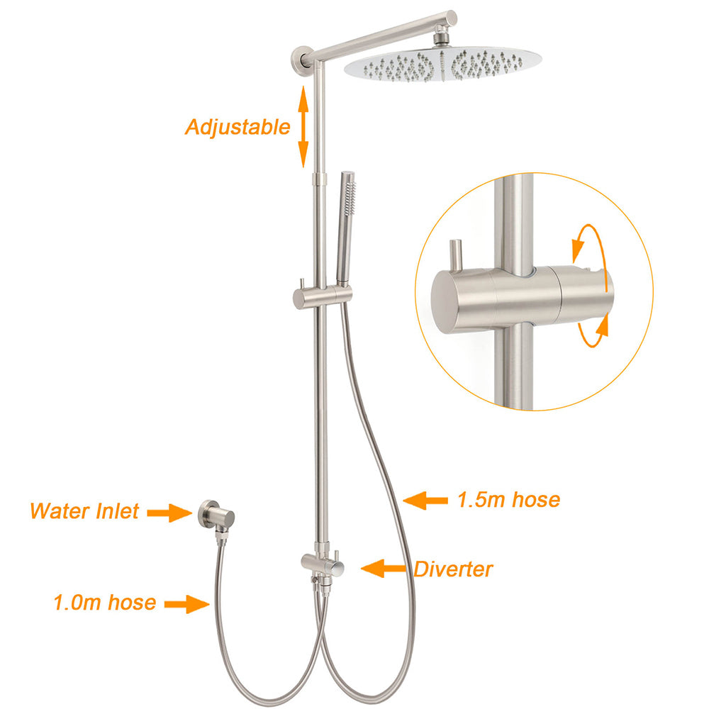 Brushed Nickel 12" Large Rain Head Twin Shower Handheld Rose Sliding Rail Arm Set With Mixer