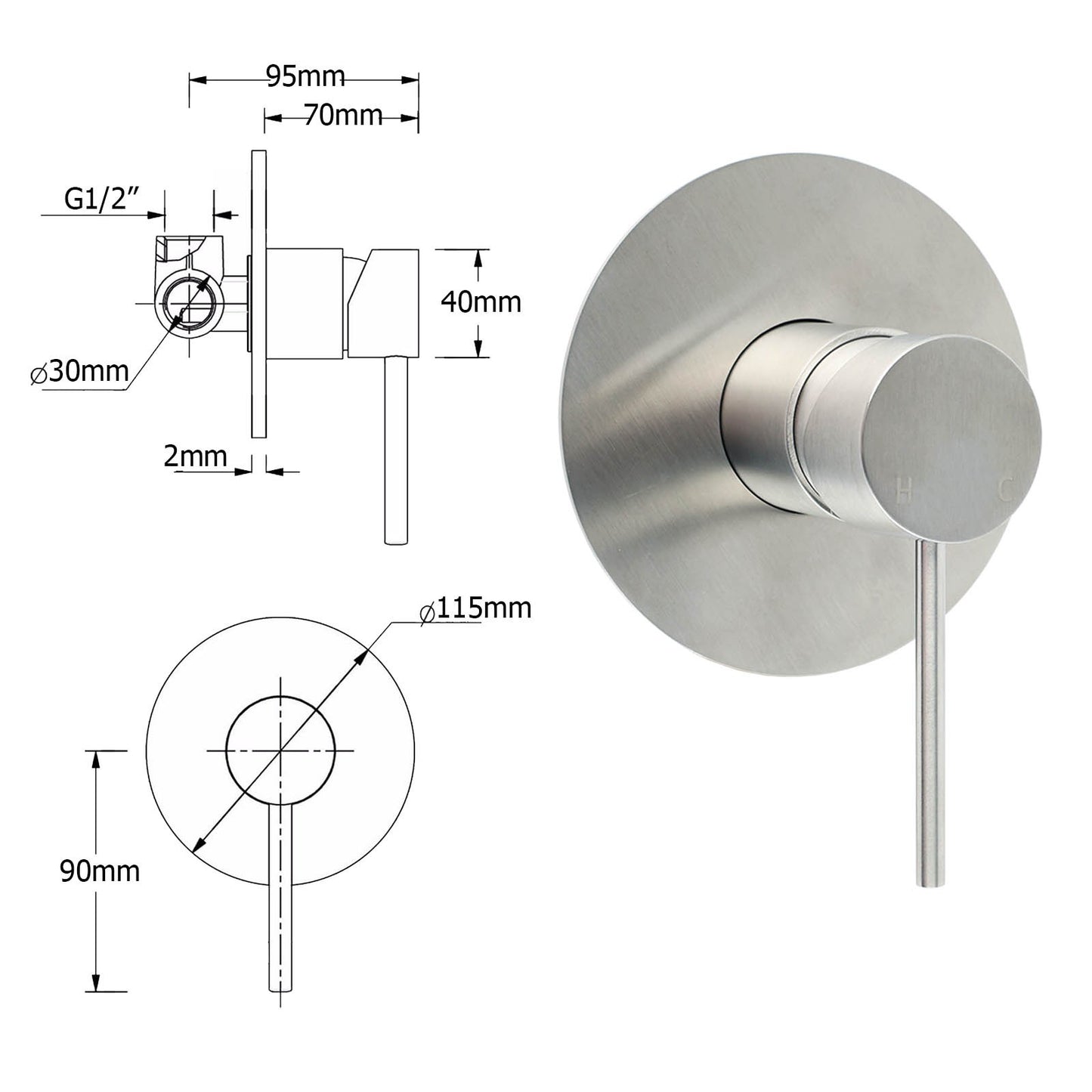 Brushed Nickel Round 12" Rain Head Shower Single Mode Handheld Sliding Rail Arm Mixer 2in1 Set