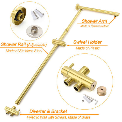 Brushed Gold Twin Shower 8" Round Head 3 Mode Handheld Rose Sliding Rail With Mixer Set