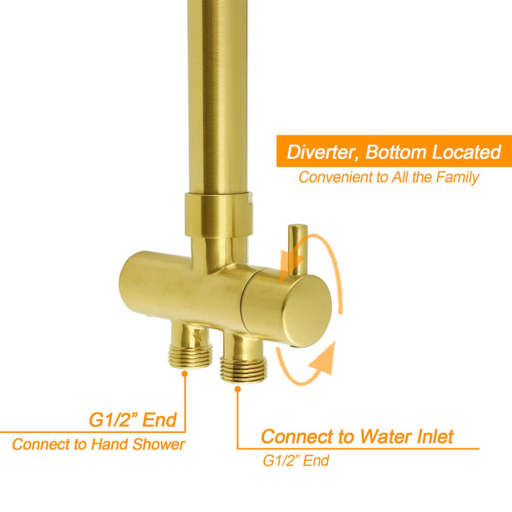 WELS Brushed Gold 2in1 Large Round Shower 12" Rain Head 3 Mode Handheld Sliding Rail Mixer Set