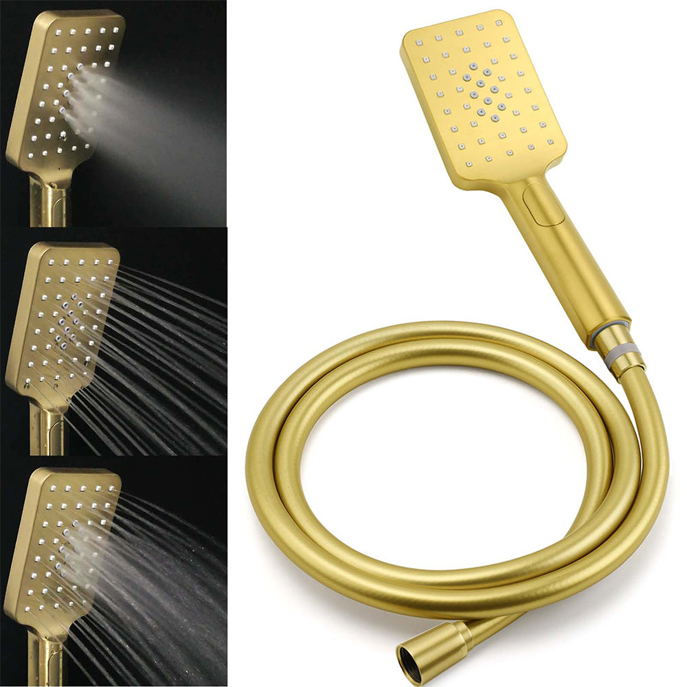 Brushed Gold Square 8" Rain Shower Head 3 Mode Handheld Sliding Rail Arm Dual Diverter Set