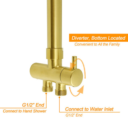 Brushed Gold Square 12" Large Rain Head 3 Mode Handheld Rose Sliding Rail Arm Twin Shower Set