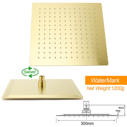 Brushed Gold Square 12" Large Rain Head 3 Mode Handheld Rose Sliding Rail Arm Twin Shower Set