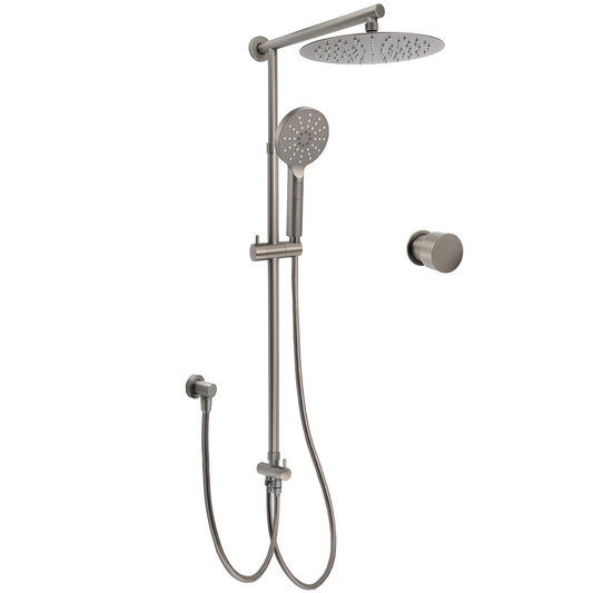 WELS Gun Metal Dual Round Shower 10" Rain Head 3 Mode Handheld Sliding Rail Arm Mixer Set