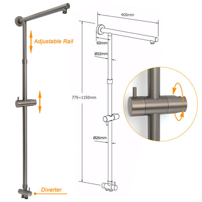 WELS Gun Metal 2in1 Shower Set Square 10" Rain Head Handheld Adjustable Silde Rail Combo