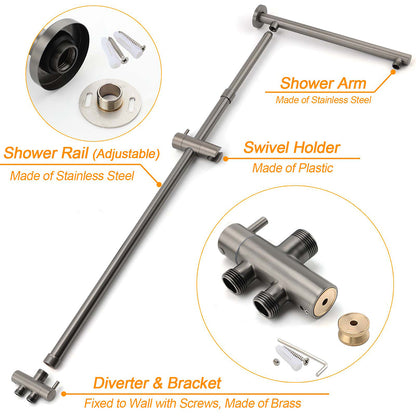 WELS Gun Metal Dual Round Shower 10" Rain Head Stainless Steel Handheld Sliding Rail Diverter Set
