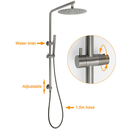 WELS Gun Metal 2in1 Round Shower 10" Rain Head Single Mode Handheld Sliding Rail Twin Taps Set