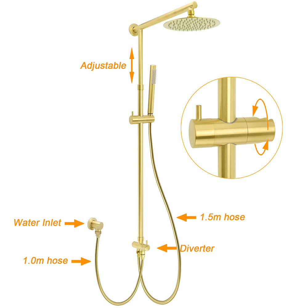 WELS Brushed Gold 2in1 Shower Set 8" Round Head Metal Handheld Rose Sliding Rail Mixer Valve