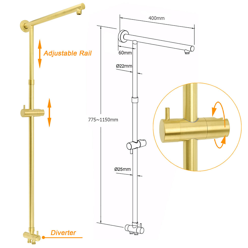 WELS Brushed Gold Twin Shower 8" Round Head One Mode Handheld Rose Sliding Rail With Mixer Set