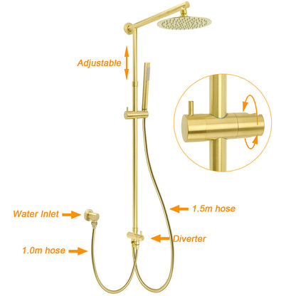 WELS Brushed Gold Twin Shower 8" Round Head One Mode Handheld Rose Sliding Rail With Mixer Set