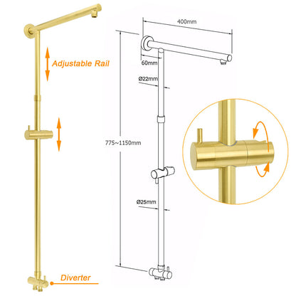 Brushed Gold 12" Large Shower Head One Spray Mode Handheld Rose Sliding Rail Arm Round Mixer Set