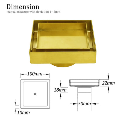 Brushed Gold 100mm Square Tile Insert Floor Drain Tiny Shower Grate 50mm Waste