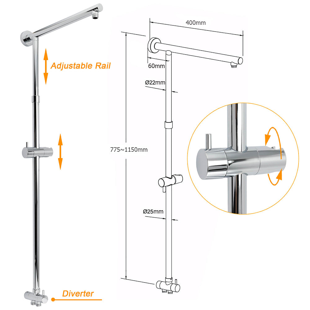 WELS Chrome 10" Round Rain Handheld Double Shower Head Rose Sliding Rail Arm Diverter Set