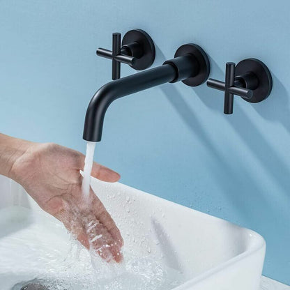 Basin Mixer Tap Matte Black Wall Mounted Bathroom Faucet Double Handle Brass Basin Mixer with Rough inch Valve Included