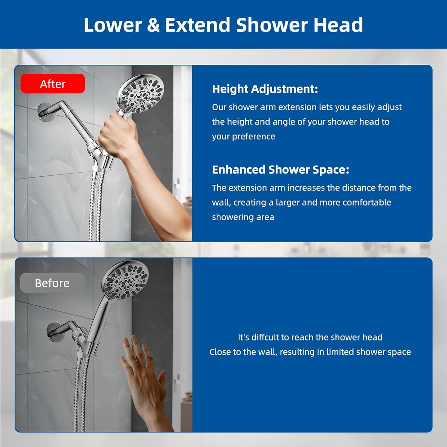All Metal 6 Inch Shower head Extension, Solid Brass Shower Arm Extension shower Head Extender, Water Outlet Lowers Existing Shower Head Shower Pipe Extension, Chrome Finish