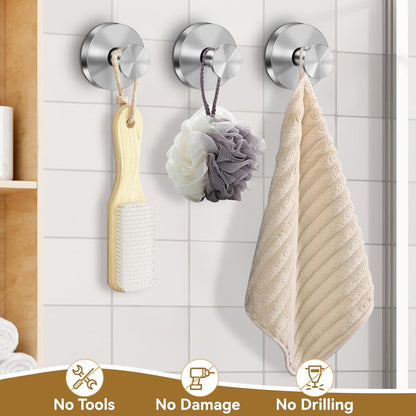 Suction Cup Hooks for Shower, Removable Towel Hooks for Bathroom Window Glass, Powerful Vacuum Shower Hook for Towel, Robe, Loofah - 4 Pack, Sliver