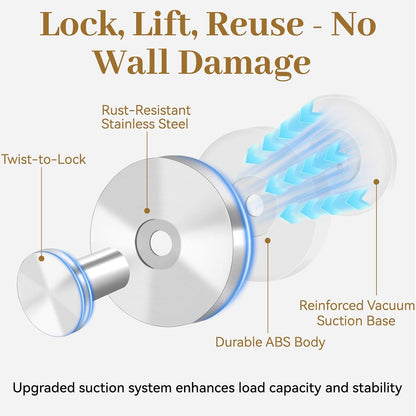 Suction Cup Hooks for Shower, Removable Towel Hooks for Bathroom Window Glass, Powerful Vacuum Shower Hook for Towel, Robe, Loofah - 4 Pack, Sliver