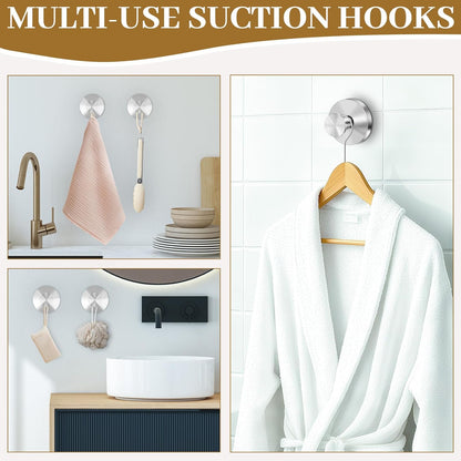 Suction Cup Hooks for Shower, Removable Towel Hooks for Bathroom Window Glass, Powerful Vacuum Shower Hook for Towel, Robe, Loofah - 4 Pack, Sliver