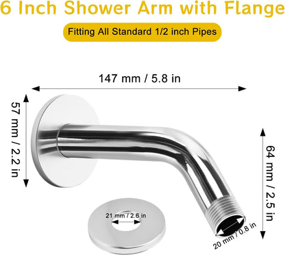 Shower Arm Flange Shower Pipe Arm 6 Inches Shower Head Mount 304 Stainless Steel Shower Handle Replacement Wall Mount Shower Neck for Fixed Shower Head & Handheld Showerhead (Silver)