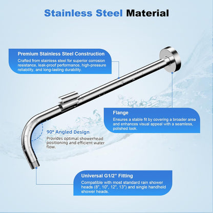 16 Inch All Metal Shower Extension Arm, Extra Long Extender with Flange, Stainless Steel Rainfall Shower Arm Water Outlet, Wall Mounted Shower Head Extender, Chrome