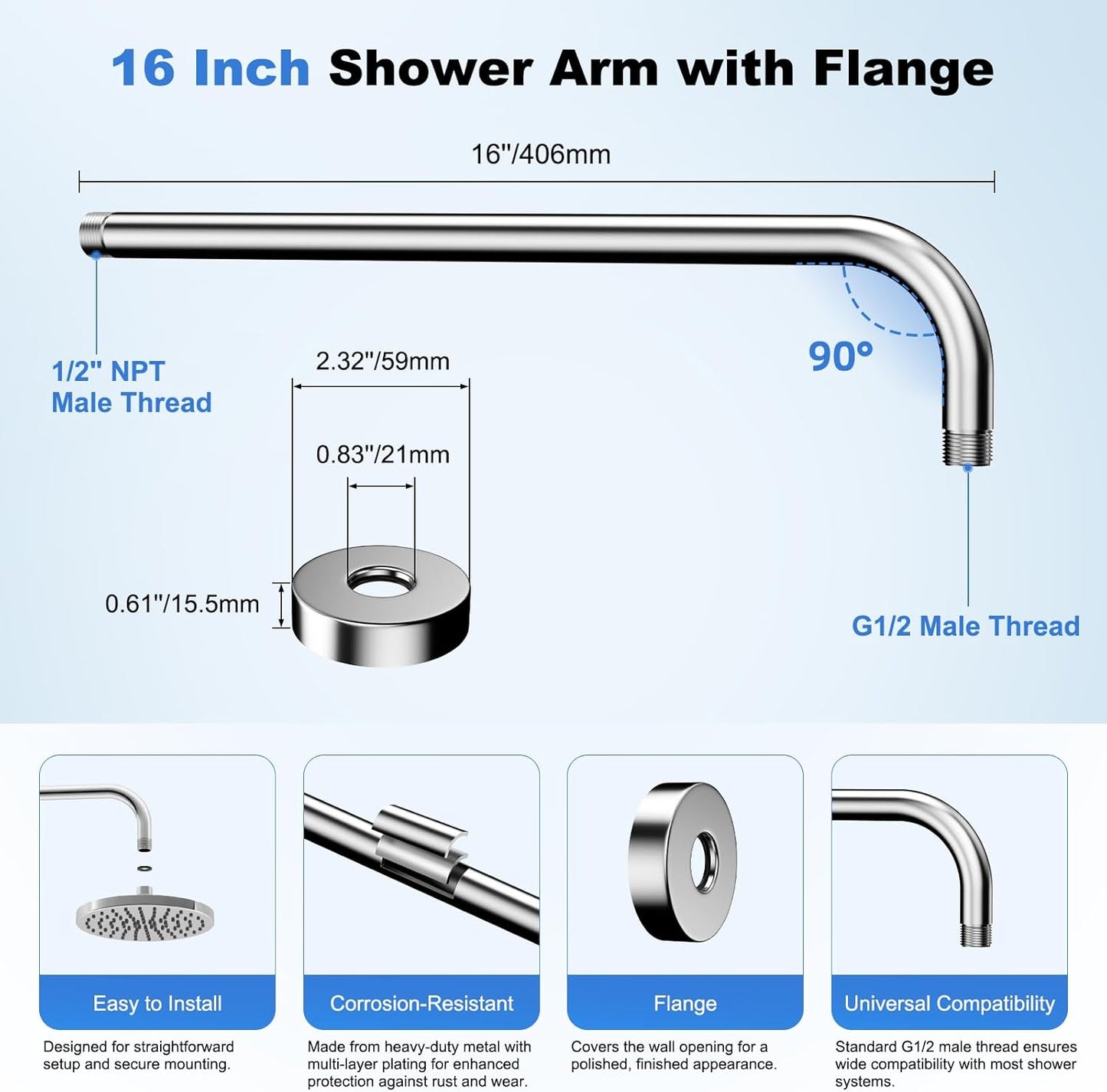 16 Inch All Metal Shower Extension Arm, Extra Long Extender with Flange, Stainless Steel Rainfall Shower Arm Water Outlet, Wall Mounted Shower Head Extender, Chrome