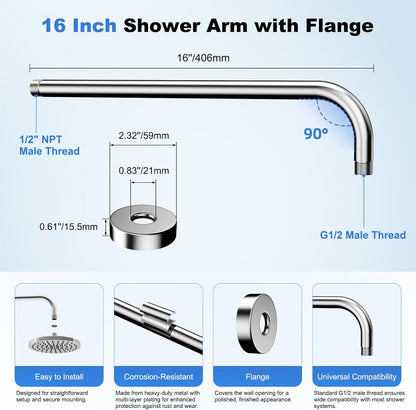16 Inch All Metal Shower Extension Arm, Extra Long Extender with Flange, Stainless Steel Rainfall Shower Arm Water Outlet, Wall Mounted Shower Head Extender, Chrome