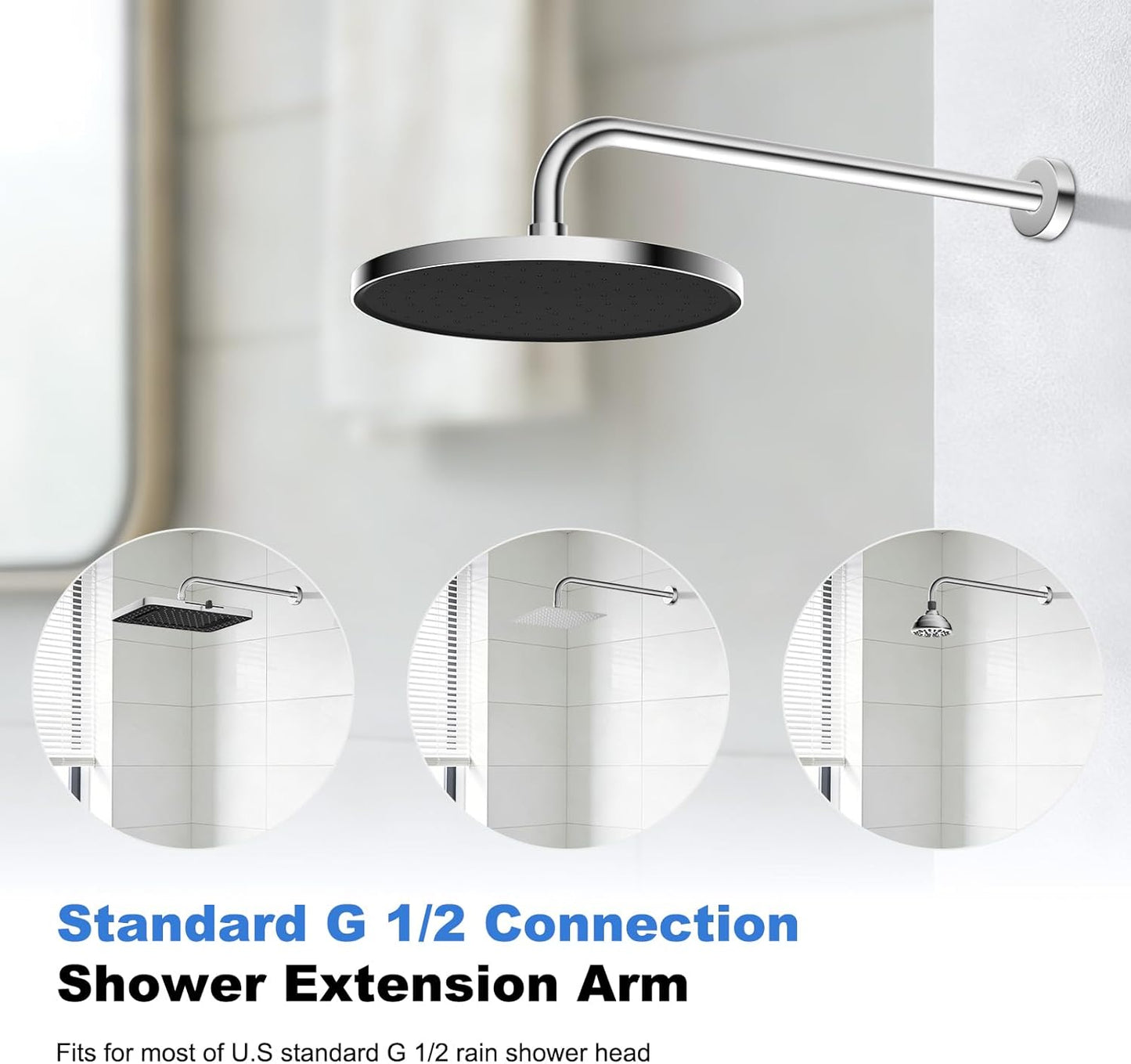 16 Inch All Metal Shower Extension Arm, Extra Long Extender with Flange, Stainless Steel Rainfall Shower Arm Water Outlet, Wall Mounted Shower Head Extender, Chrome