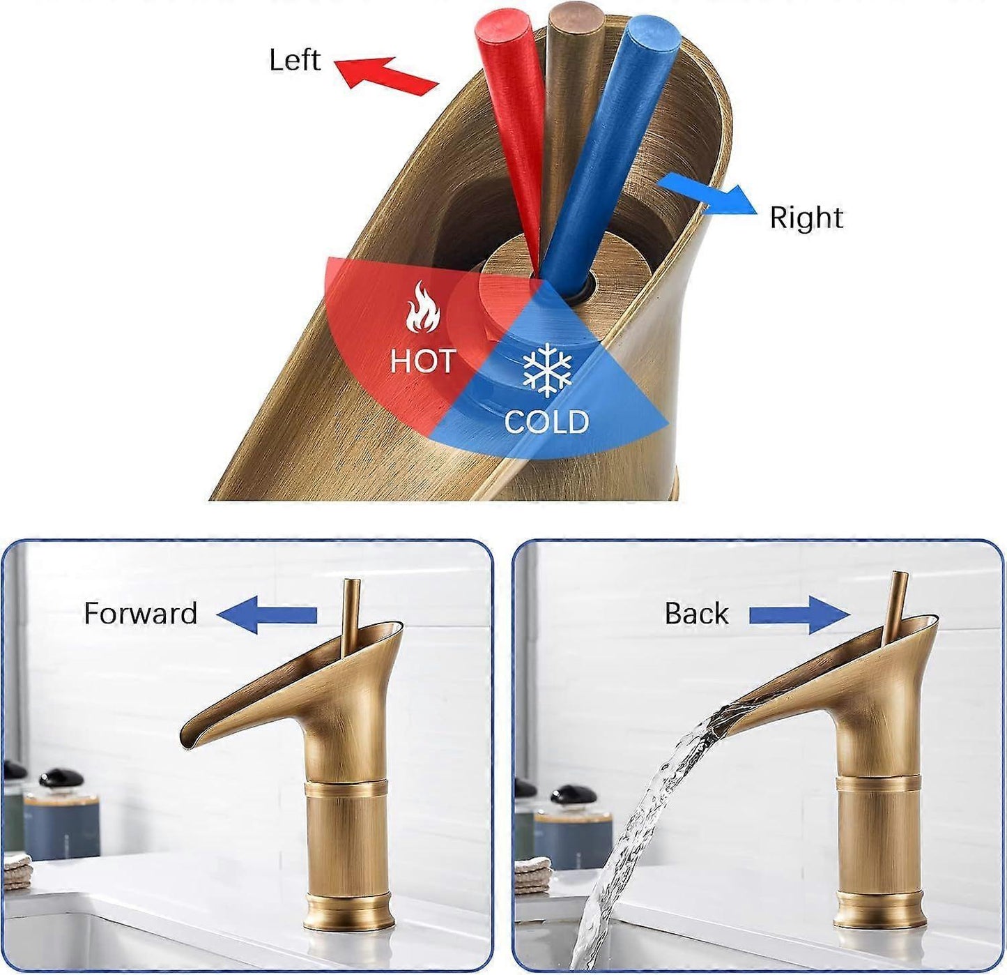 1Pcs Retro Brass Waterfall Bathroom Faucet, Waterfall Basin Faucet, Antique Bathroom Mixer Tap, Hot and Cold Water Hand Wash Faucet