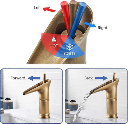 1Pcs Retro Brass Waterfall Bathroom Faucet, Waterfall Basin Faucet, Antique Bathroom Mixer Tap, Hot and Cold Water Hand Wash Faucet