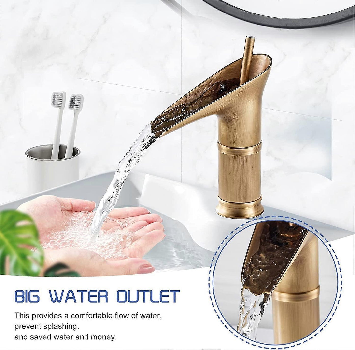 1Pcs Retro Brass Waterfall Bathroom Faucet, Waterfall Basin Faucet, Antique Bathroom Mixer Tap, Hot and Cold Water Hand Wash Faucet
